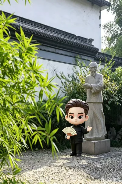 梅博士实景展示 · 园林一角 · 与石雕人像合影