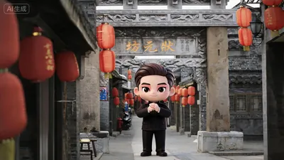 梅博士实景展示 · 古街牌坊 · 持扇留影